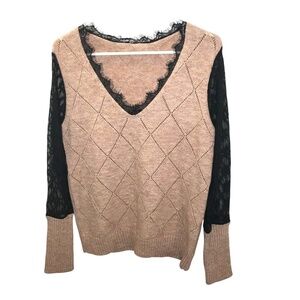 Lace Trim V-Neck Knit Sweater | Neutral Taupe & Black